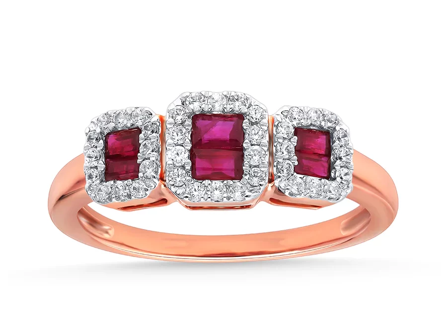 3-Stone Halo Diamond Ruby Engagement Ring