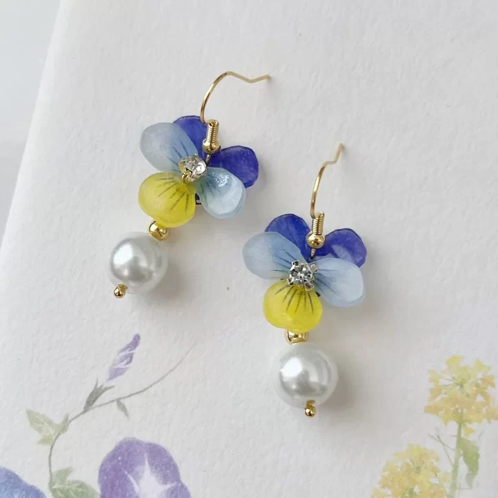 blue and yellow pansy pearl earrings