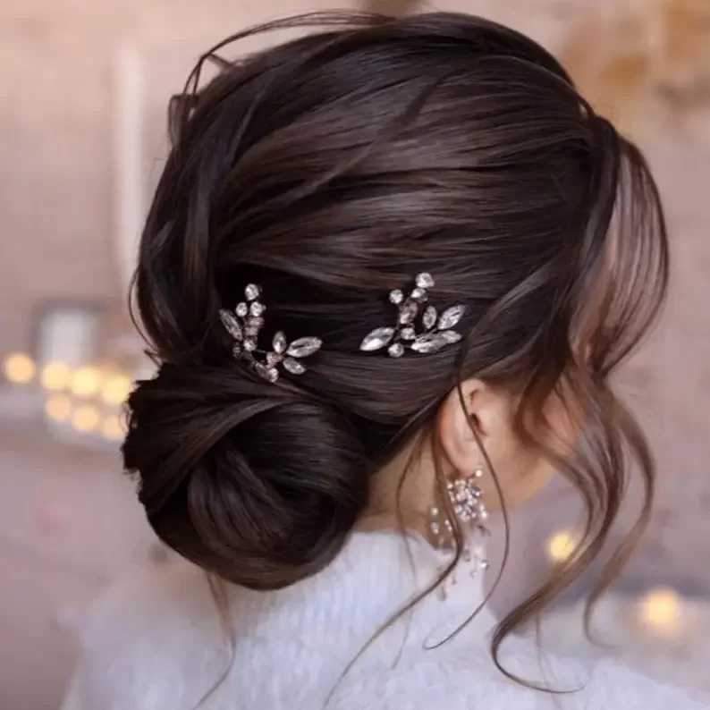 bridal crystal hair pins on the bride's head