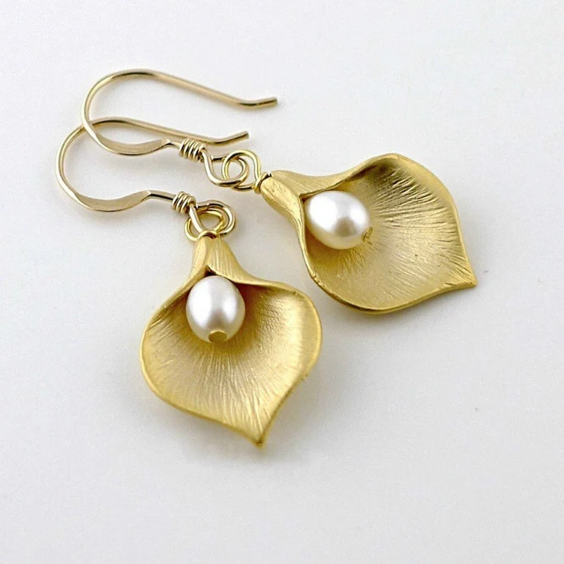 gold calla lily pearl earrings
