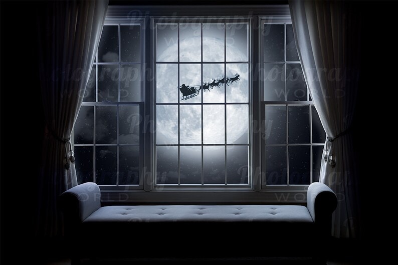 christmas window digital backdrop with flying santa