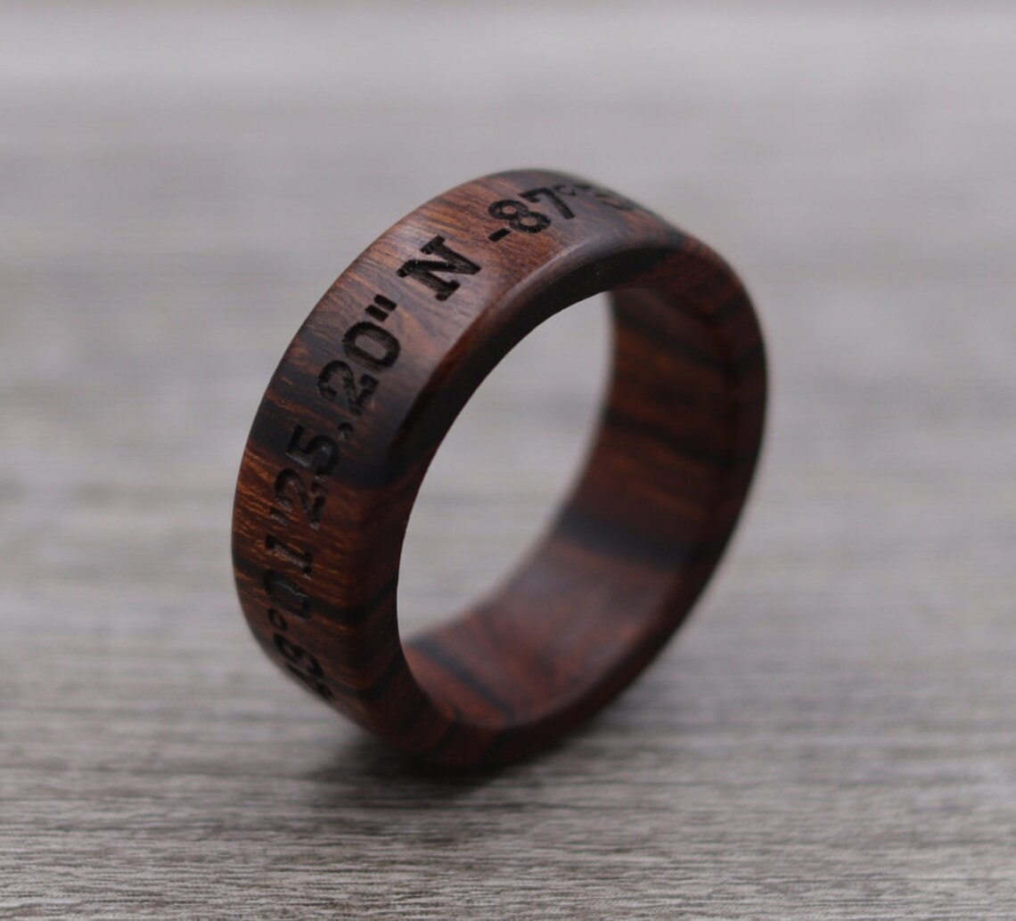 wooden coordinates engraved ring