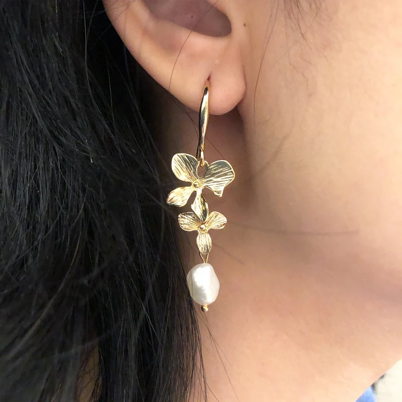 golden orchid flowers pearl earrings