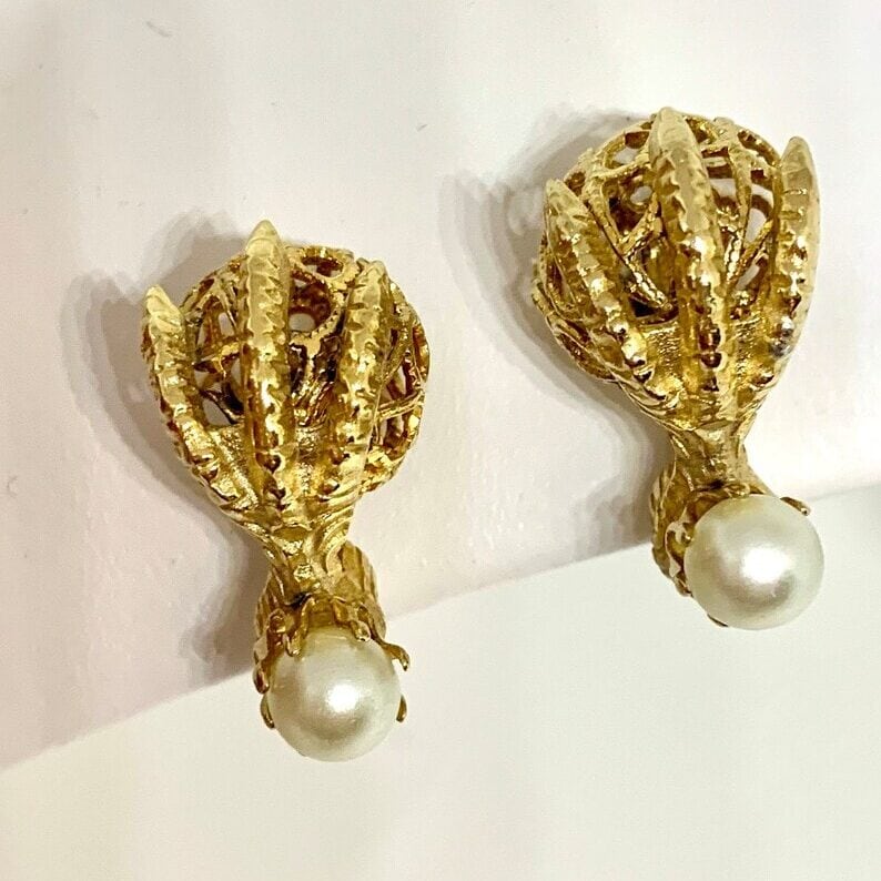 gold gothic claw and pearl earrings