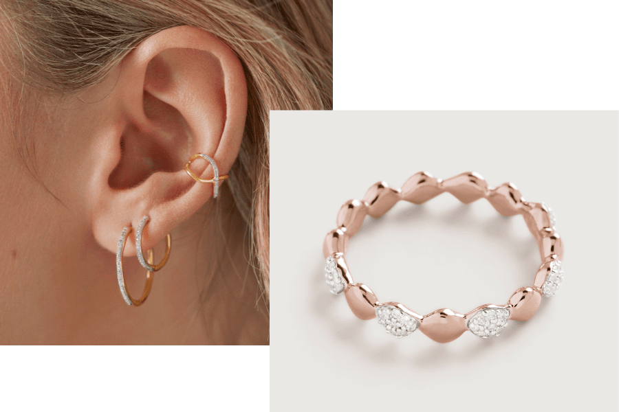monica vinader rose gold earrings and ring