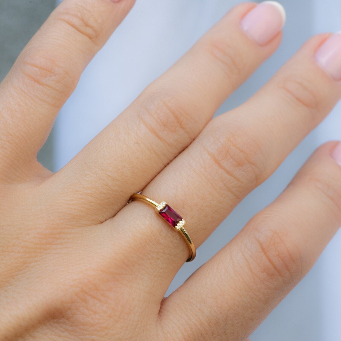 Ruby Dainty Baguette Stacking Ring