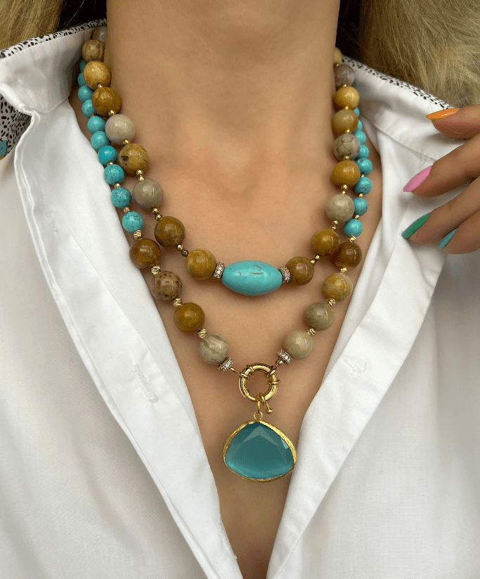 statement necklace on womans neck with colors