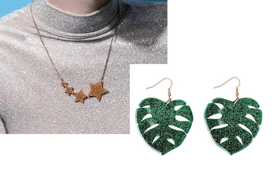 tatty devine gold star necklace and emerald earrings