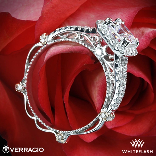 whiteflash cushion cut ring with elaborate setting