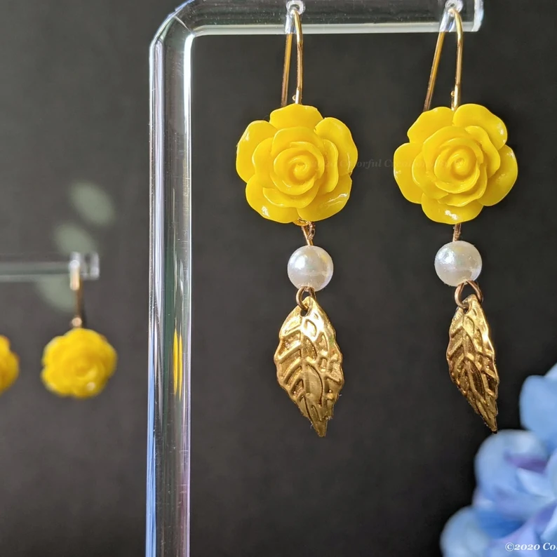 yellow rose dangle earrings