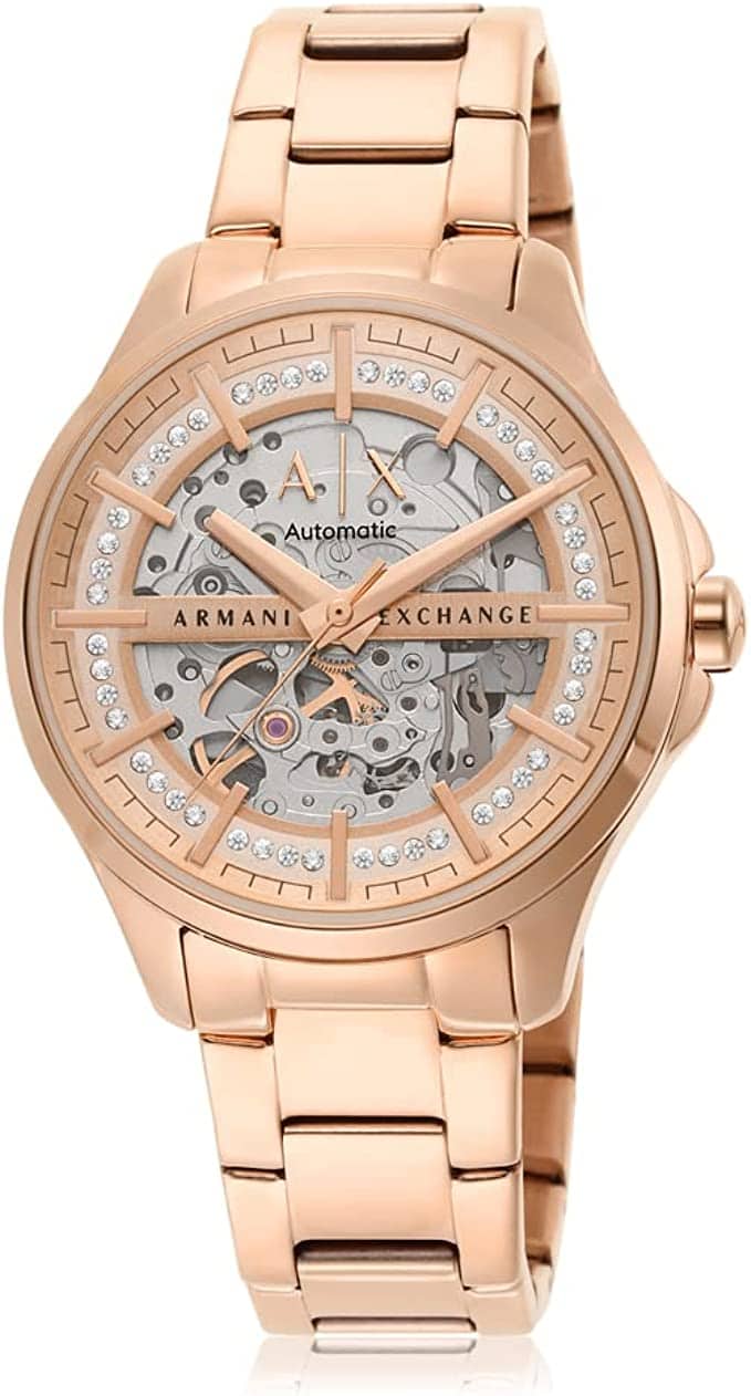 armani exchange women's automatic watch in rose gold color