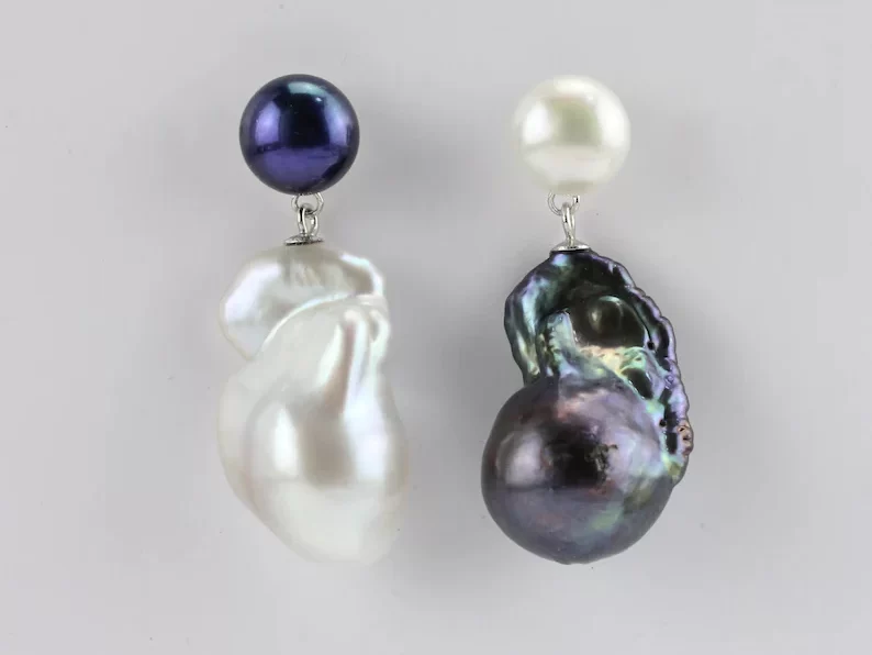 black and white baroque pearl mismatched drop earrings