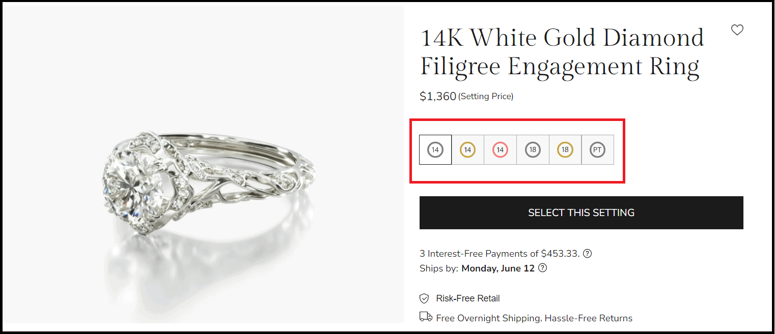 filigree ring setting with metal options