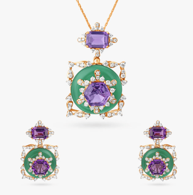 gemstone and diamonds earrings and pendant set