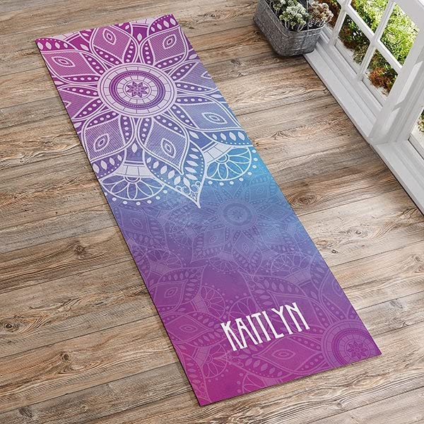 personalized purple mandala yoga mat on the floor
