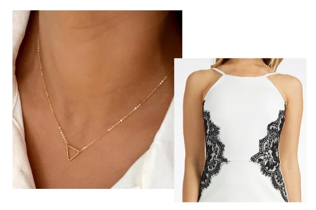 a woman wearing a halter neckline and triangle pendant necklace