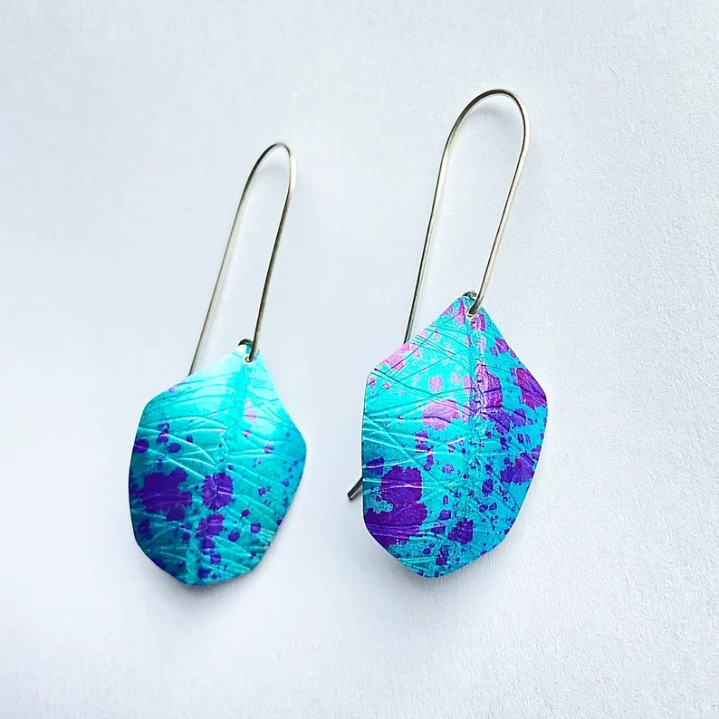 blue and purple leaf drop wire earrings