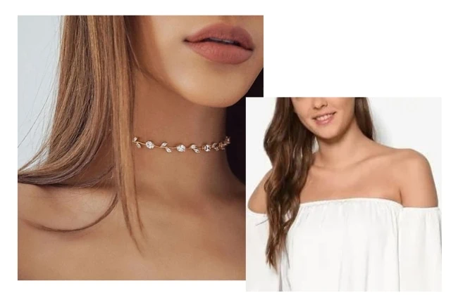 a woman wearing a off-shoulder neckline top and diamond choker