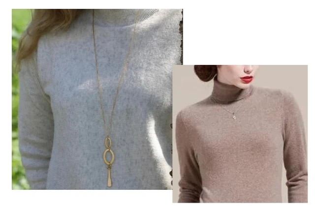 a woman wearing a turtleneck and long gold necklace