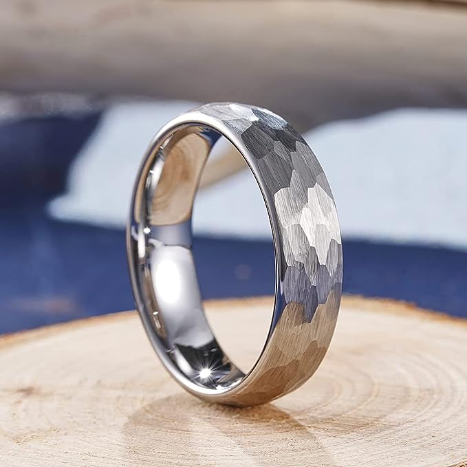 silver hammered tungsten ring