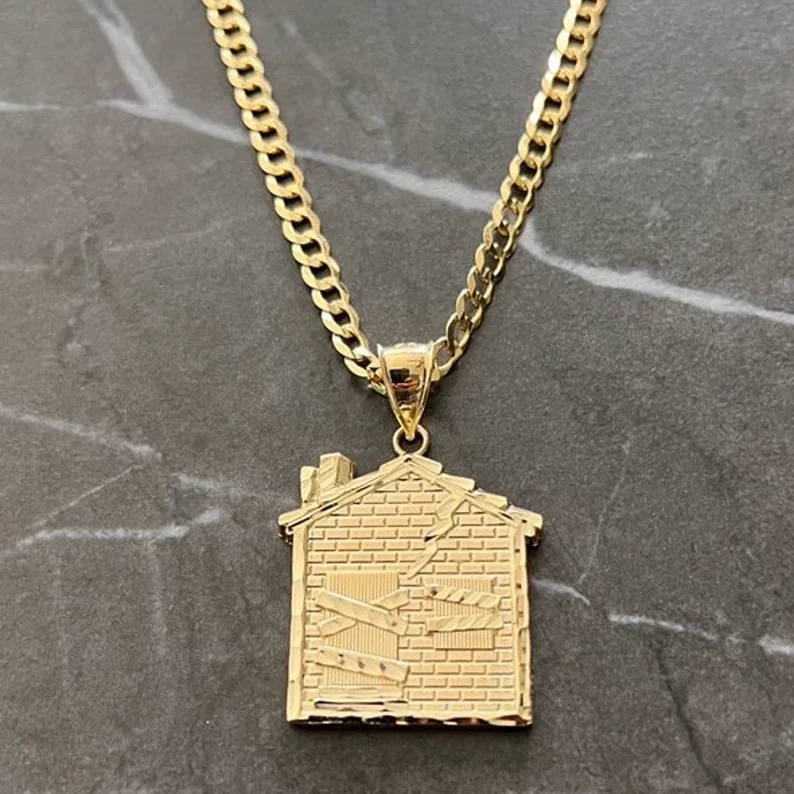 10k yellow gold trap house pendant necklace