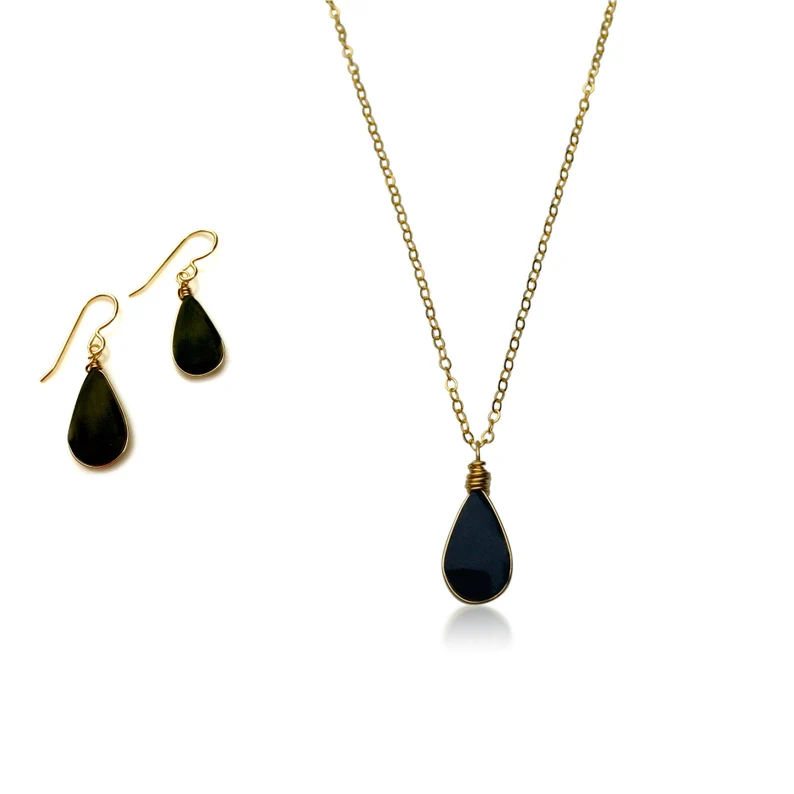 black obsidian gold necklace and earrings set