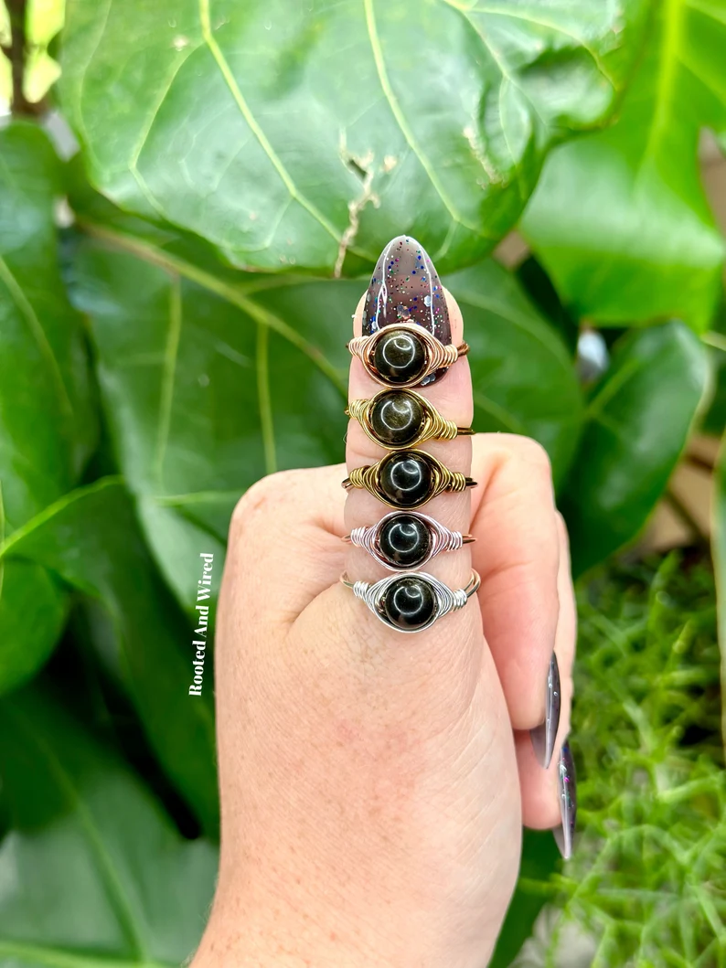 black obsidian wire wrapped rings