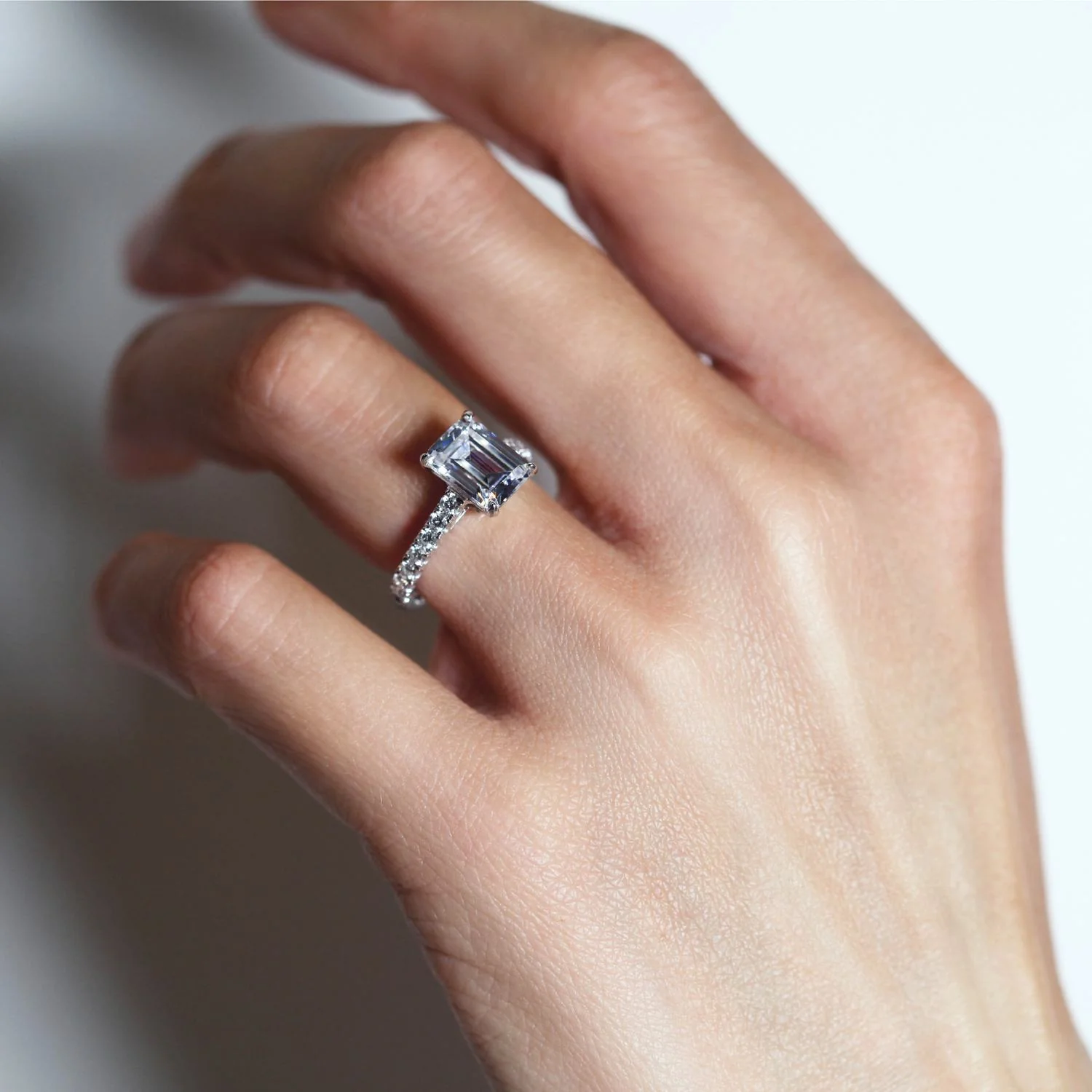 emerald cut micro pave diamond engagement ring