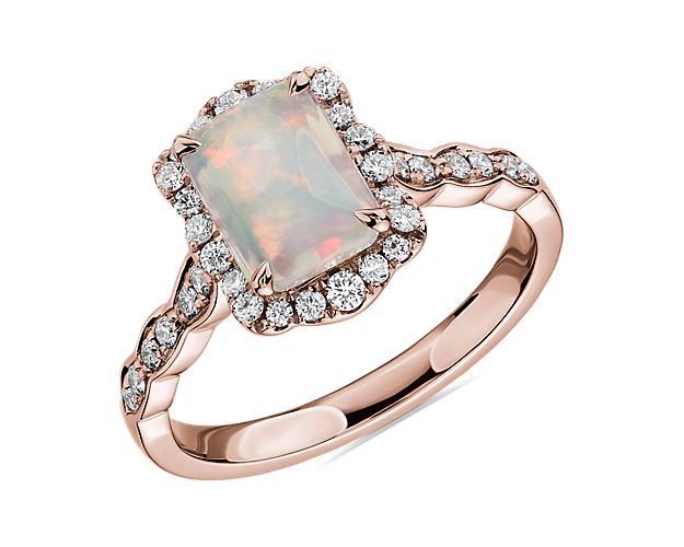 emerald cut opal with diamonds ring