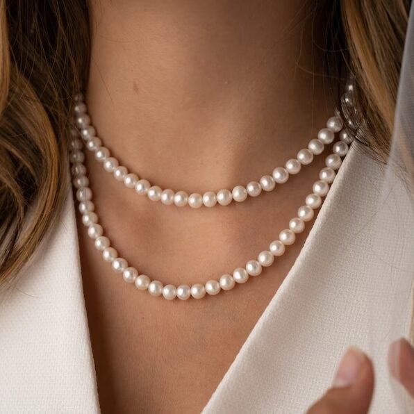 freshwater pearl choker necklace on the woman's neck
