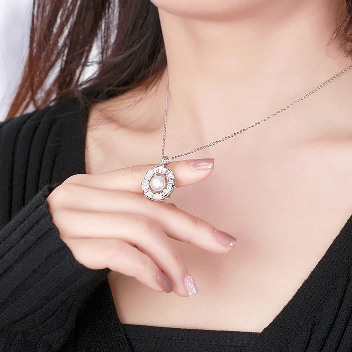 a woman wearing freshwater pearl flower necklace