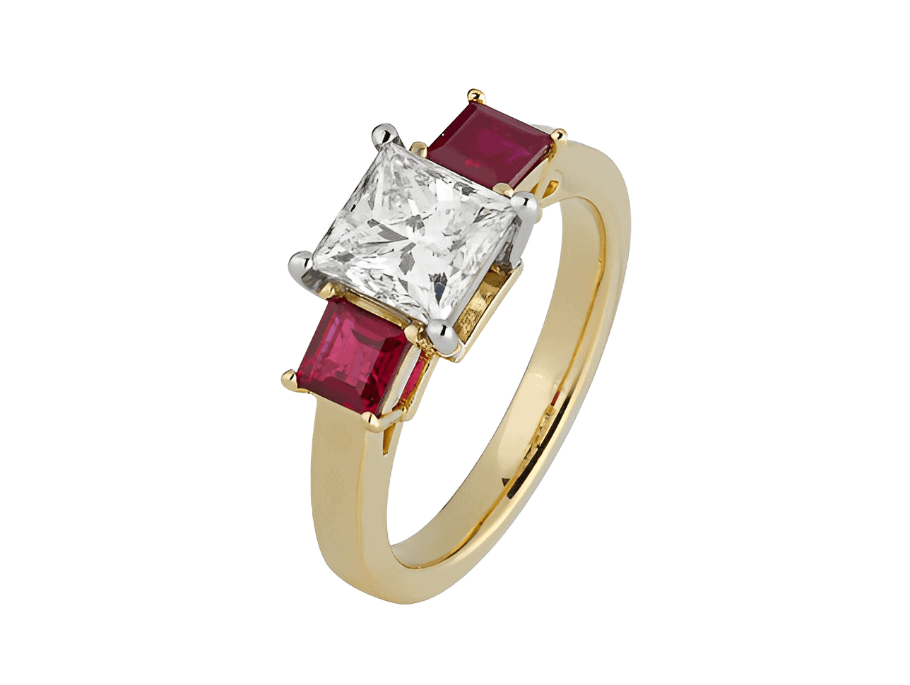 ruby and diamond engagement ring in yellow gold setting