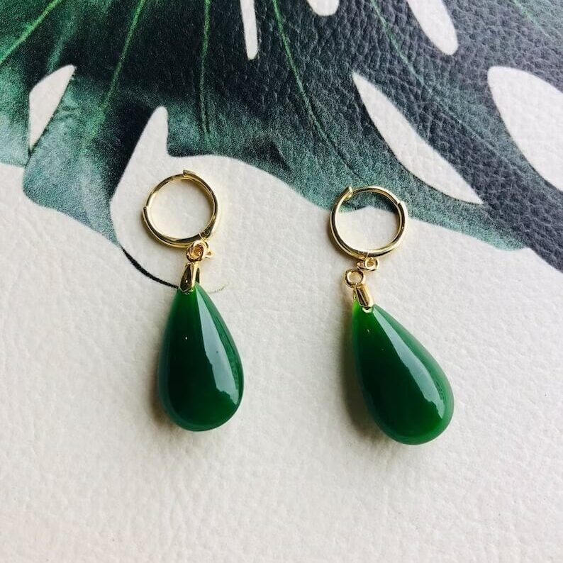 jade teardrop earrings with gold hoops
