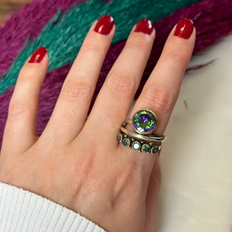 mystic topaz solitaire rings on the index finger