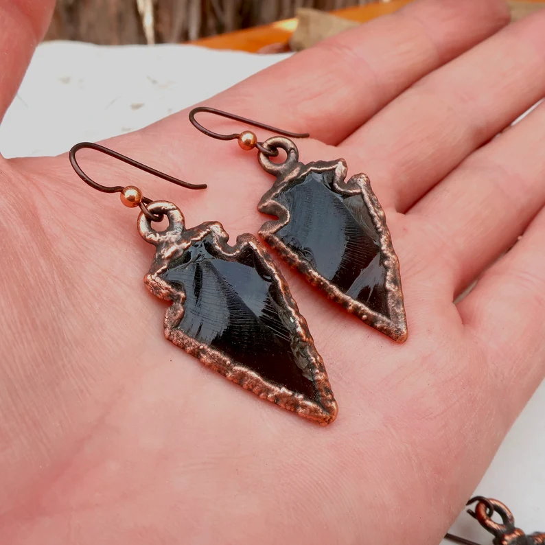 obsidian arrowhead copper earrings