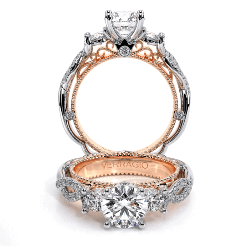 three stone round diamond two tone engagement ring