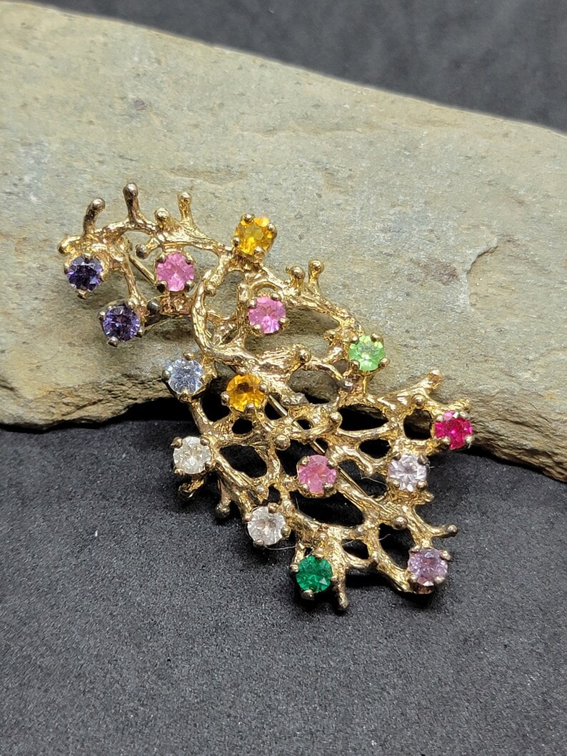 vintage tree branch pin with colorful cz