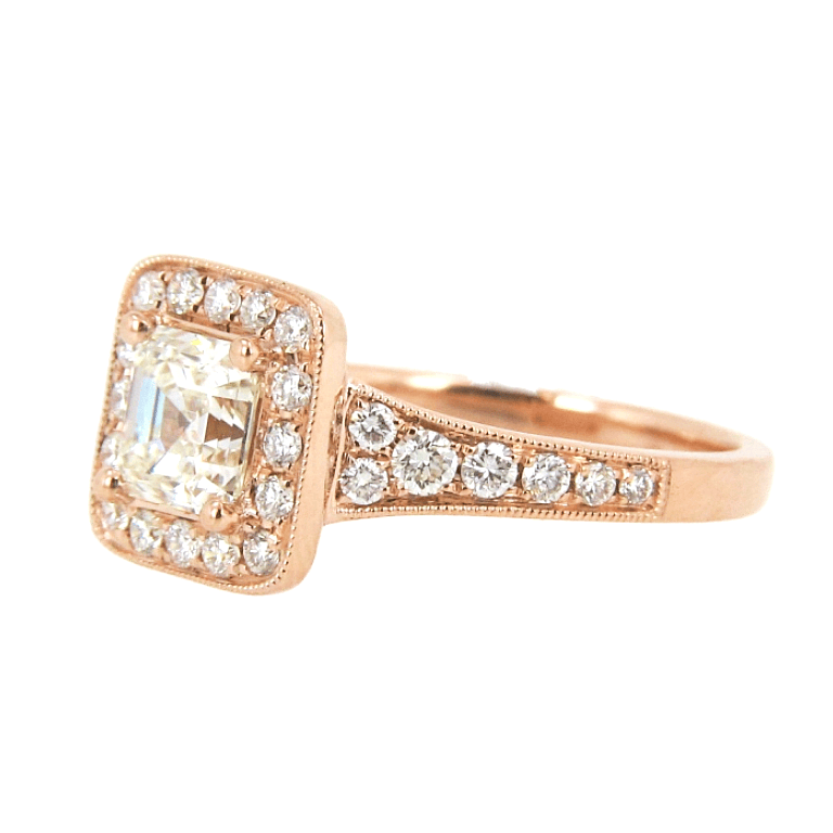 asscher cut diamond engagement ring in rose gold setting