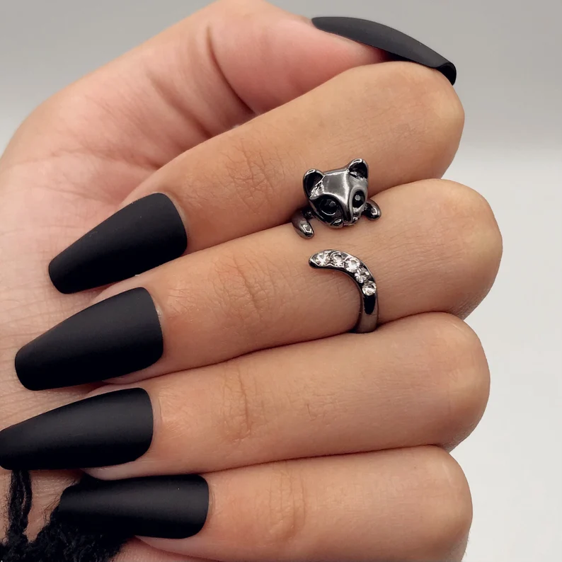 black cat ears cuff ring on the finger