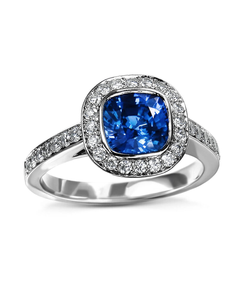 cushion blue sapphire and diamond halo ring