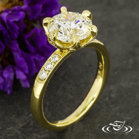 diamond petal milgrain engagement ring in yellow gold setting