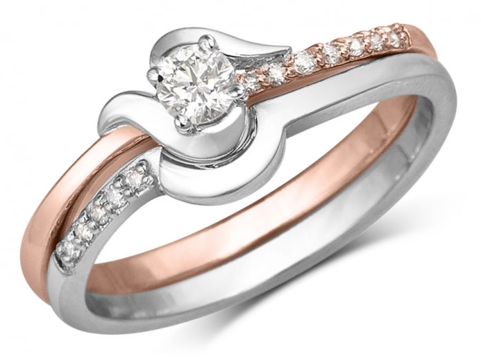 double ribbon engagement ring in rose and white gold setting