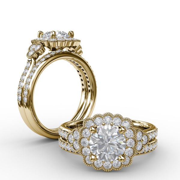 floral halo diamond engagement ring in yellow gold setting
