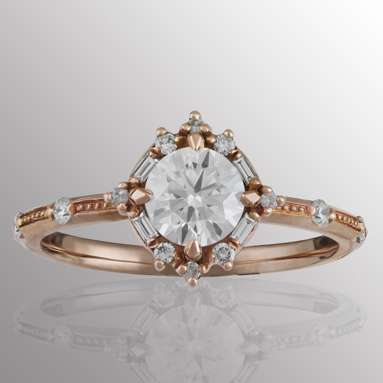 rose gold round and baguette diamond engagement ring