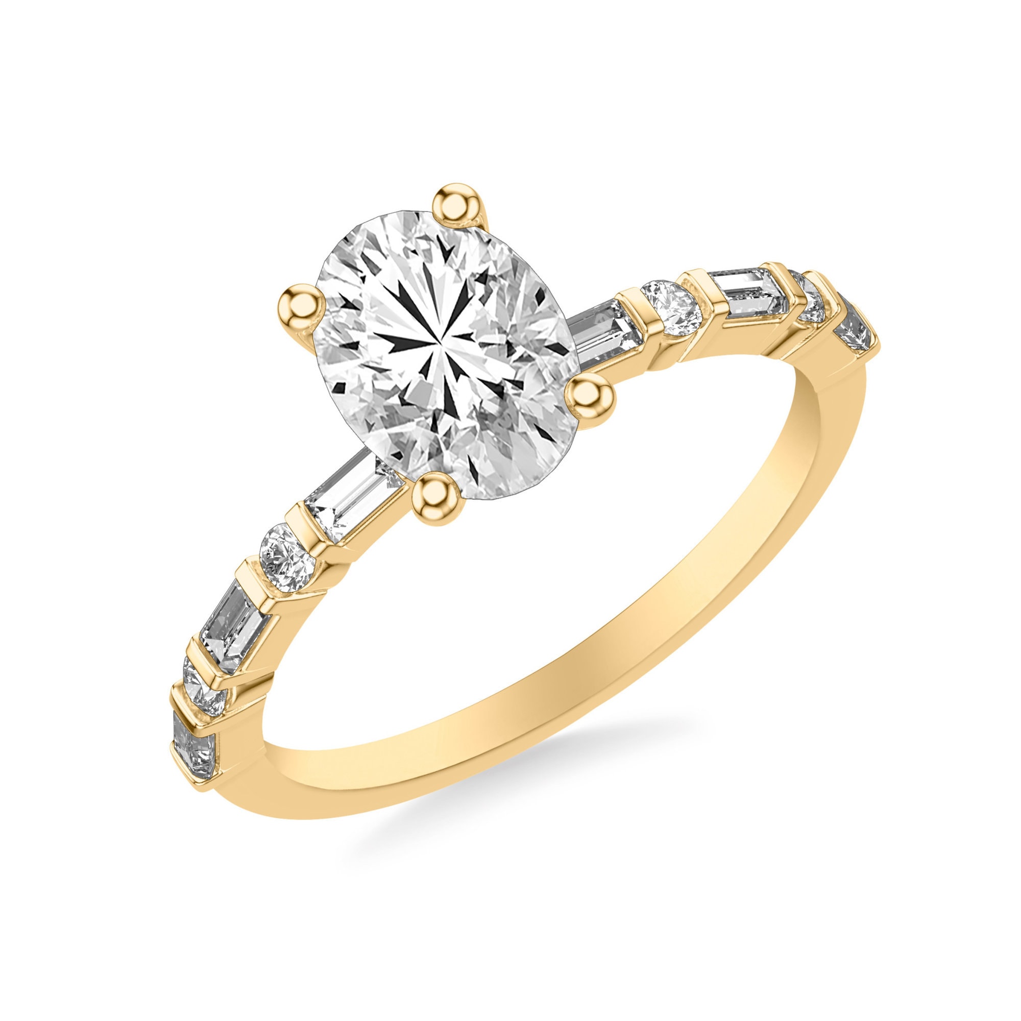 round and baguette cut side diamond engagement ring with oval cut diamond center stone
