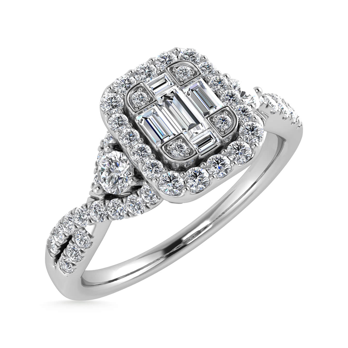 round and baguettes diamond engagement ring