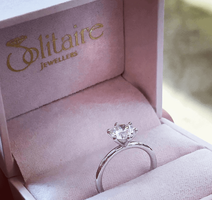 solitaire diamond engagement ring in a jewelry box
