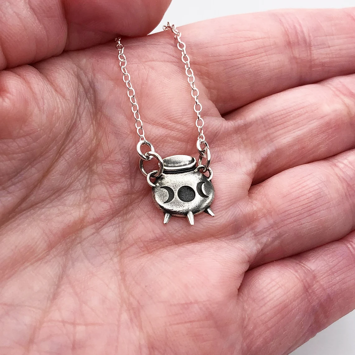 witch cauldron silver necklace