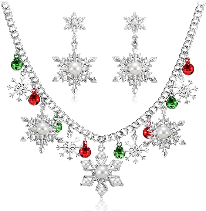 christmas themed snowflake necklace earrings set