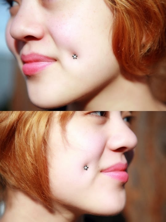 left and right view of dimple cheek piercing on the woman